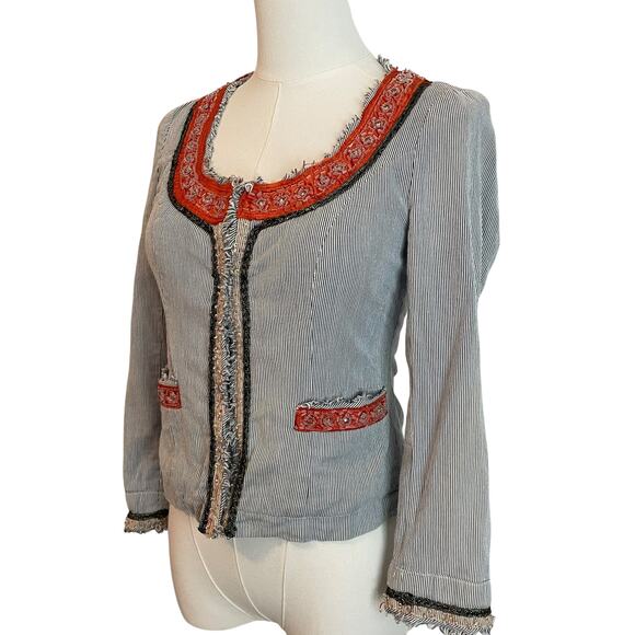 VINTAGE Free People Boho BlazerJacket Womens 0 Pinstripe Beaded Embellished - Picture 2 of 11
